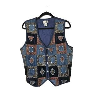 Vtg Embroidered Tapestry Vest Women M Blue Patchwork Cord Celestial Hippie Fairy